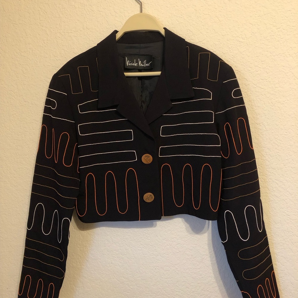 Nicole Miller Tribal Bolero Black Jacket with White and Orange Accents